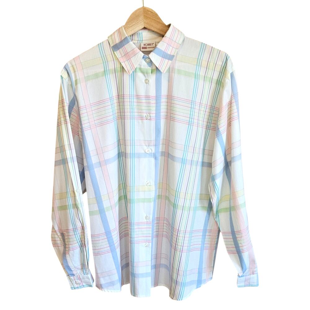 Koret Francisca Vintage Pastel Plaid Button Down Shirt Blouse Women's Large